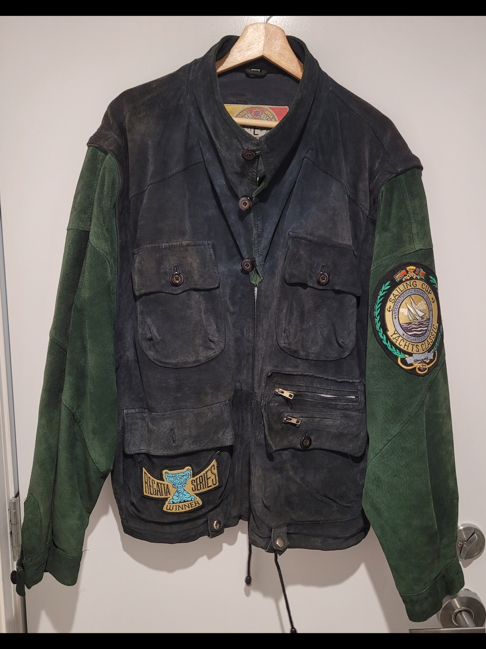 Express Navy Sailing Cup Green Suede Patchwork Field Jacket
